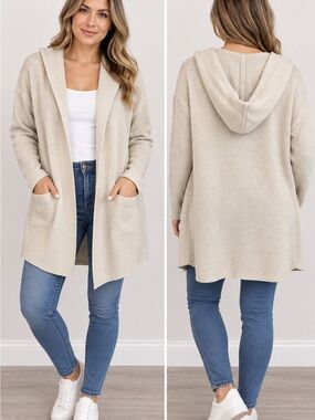 Refuge Women’s Medium Cream Hooded Long Cardigan Sweater Open Front Pockets